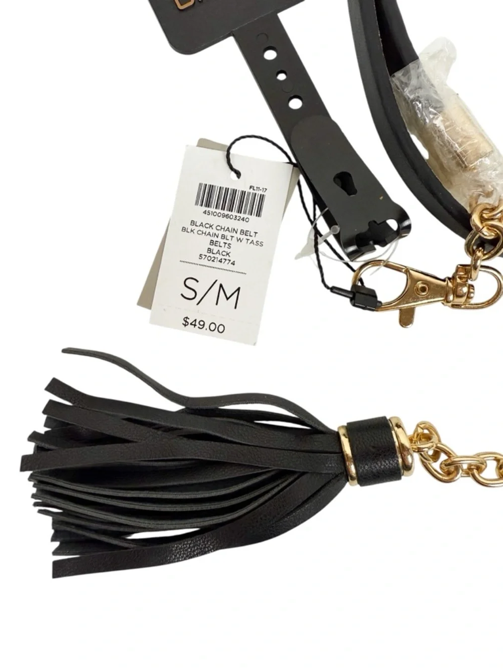 NWT Chico’s Black Leather Chain Belt With Tassel Size Small/ Medium